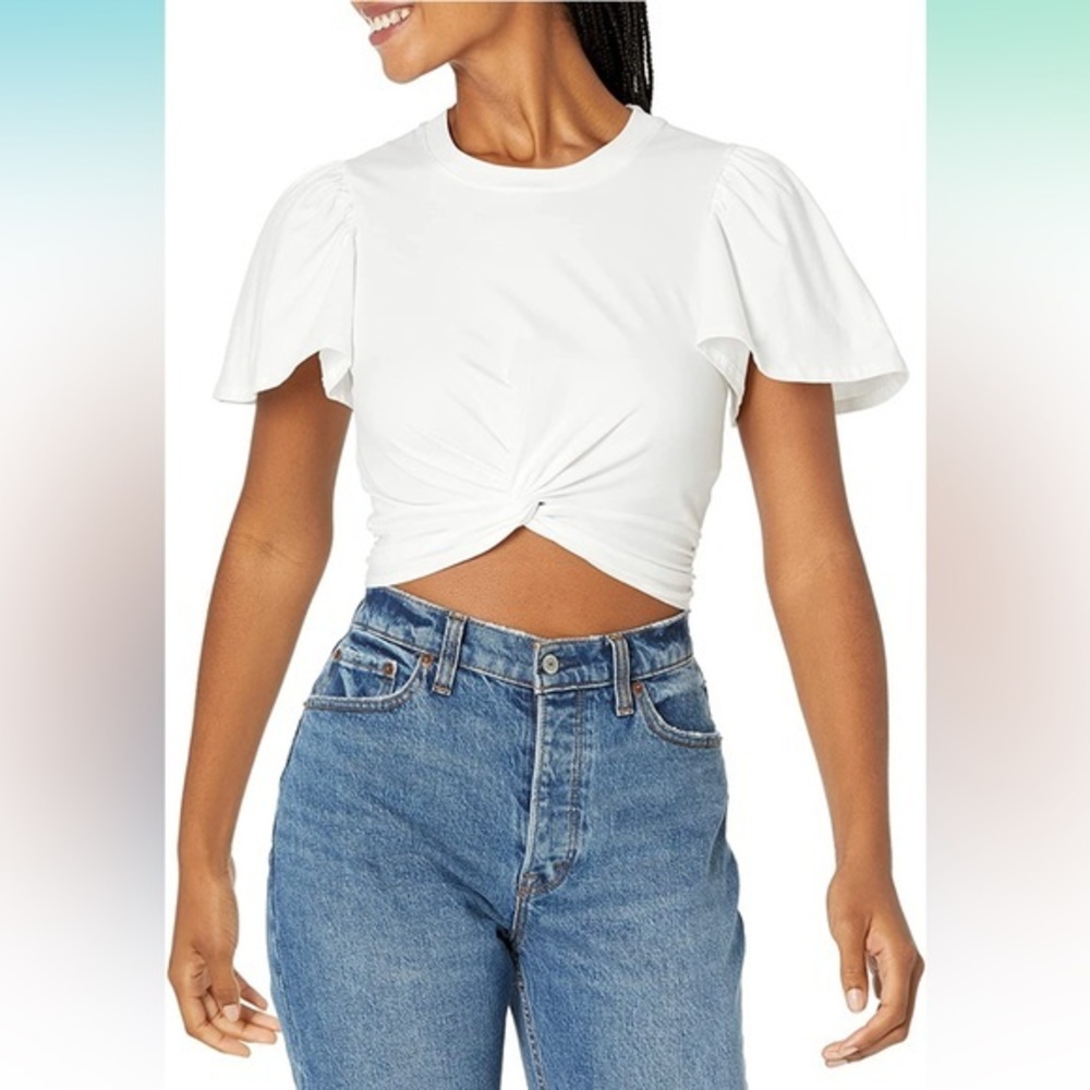 NWT Cinq à Sept Jordyn White Twist Front Puff Sleeve Crop Top